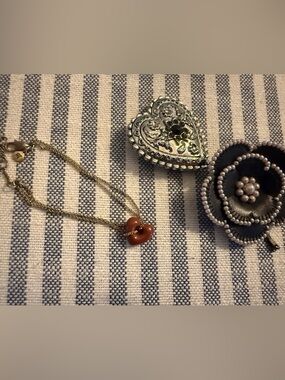 Gold Madewell heart bracelet, Heart Shoe Charm, & Leather Flower Hair Clip